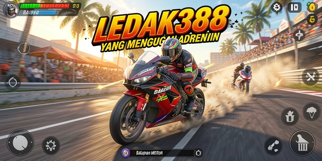 Tampilan gameplay menegangkan dari LEDAK388 dengan balapan motor yang cepat.