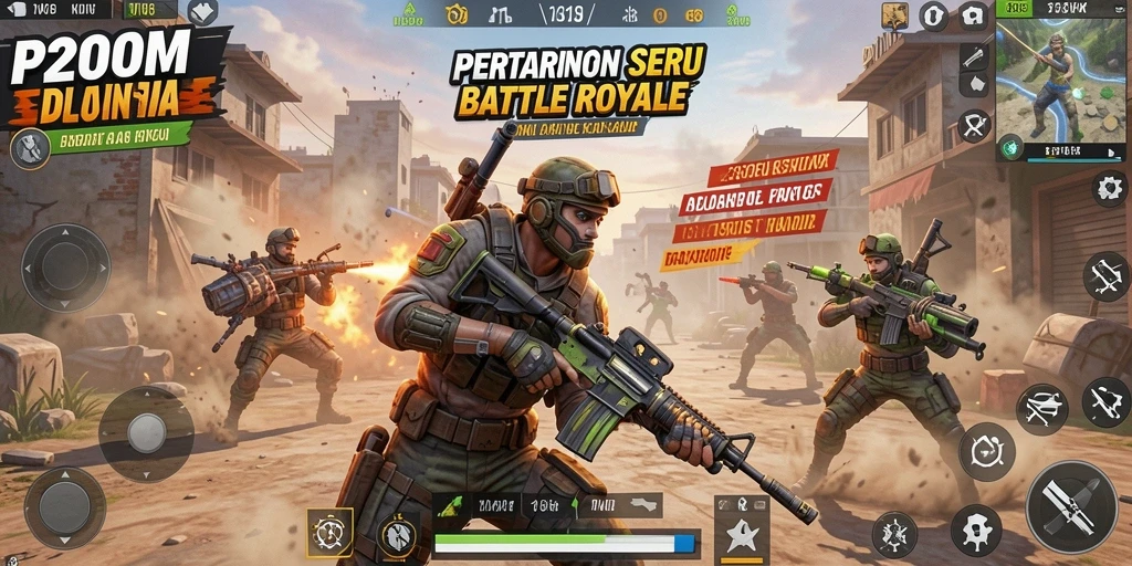 Screenshot utama P200M menampilkan aksi seru di dalam permainan Battle Royale.
