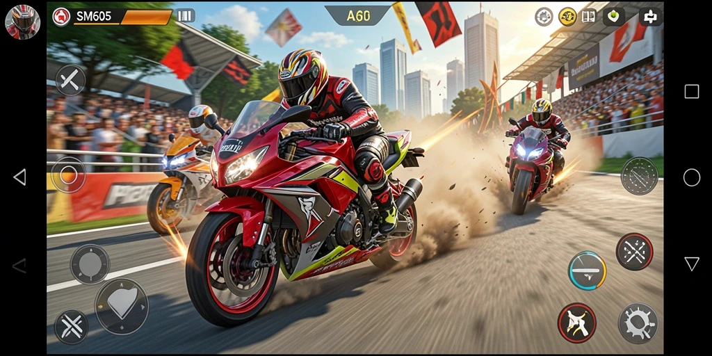 Tampilan gameplay mendebarkan dari balapan motor dalam SM605.