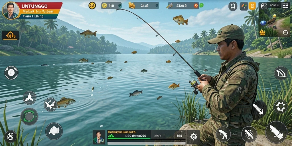 Tampilan permainan UNTUNGGO menunjukkan suasana memancing yang mendebarkan.