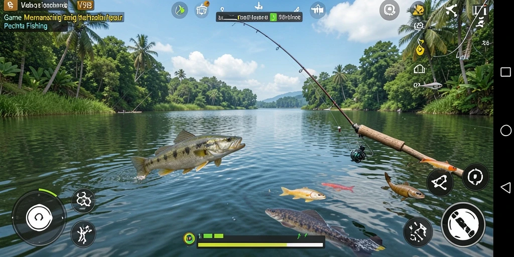 Screenshot gameplay V98 menampilkan petualangan memancing seru.